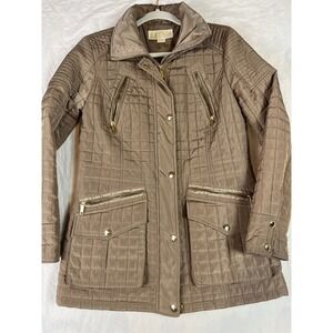 Michael Kors Womens Quilted Jacket Taupe Brown Gold Zip Snap‎ Front XS RN79675